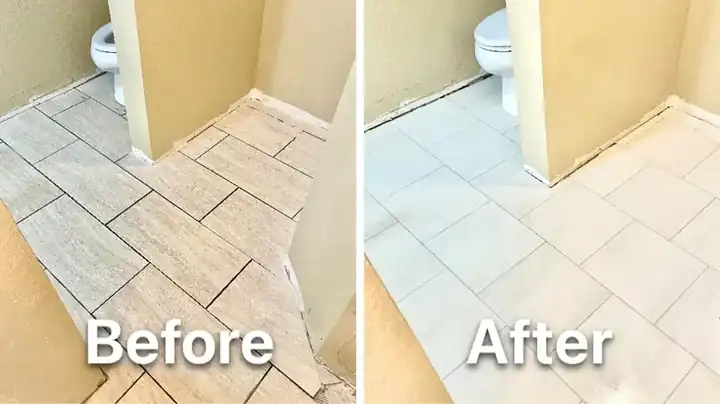 Bathroom: wood-look tile replaced with white tile.