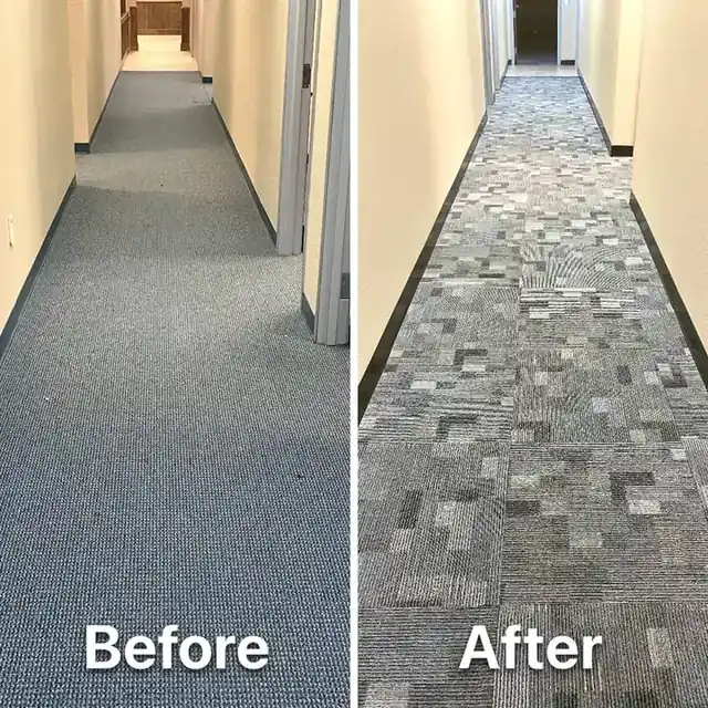 Commercial corridor: old blue carpet before, patterned grey carpet tile after