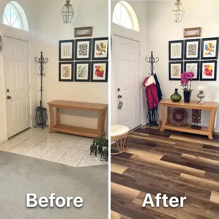 Entry: white ceramic tile before, multi-tone rustic vinyl plank after