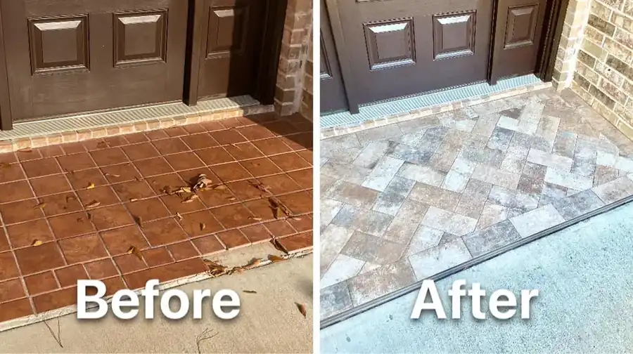 Front porch: cracked red quarry tile replaced with grey and white patterned porcelain.