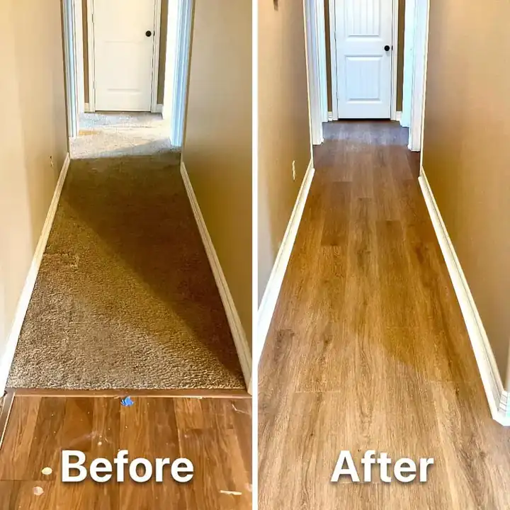 Hallway: carpet before, oak-look vinyl plank after