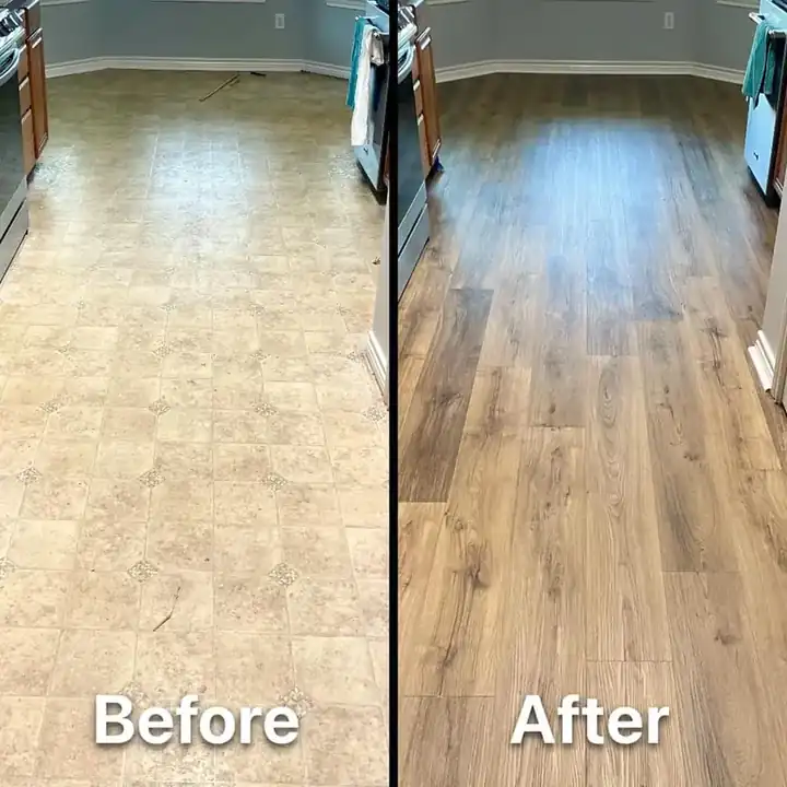 Beige ceramic kitchen floor before, long warm vinyl planks after