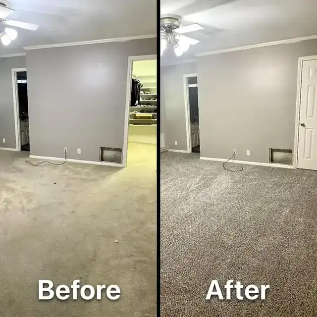 Bedroom: old carpet replaced with new grey carpet.