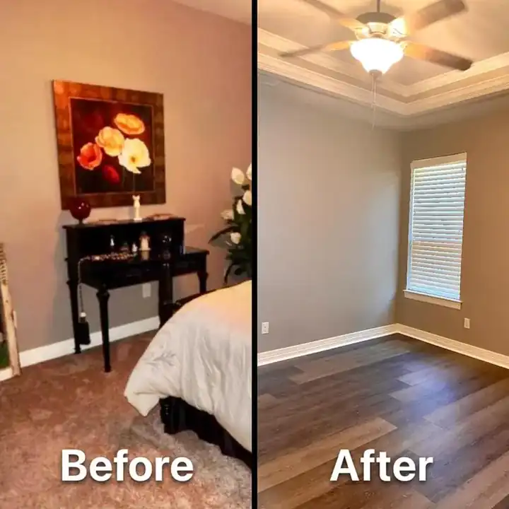 Bedroom: carpet before, mid-brown vinyl plank after