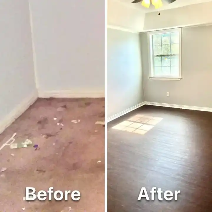 Room with a stained subfloor and debris, then finished with dark vinyl plank