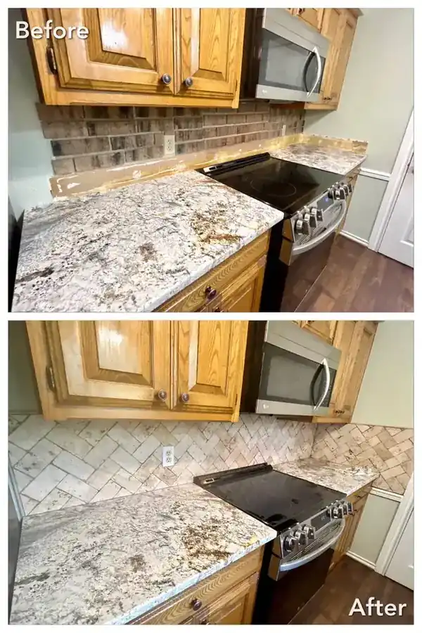 Kitchen backsplash changed from brick-look to white herringbone tile, before and after