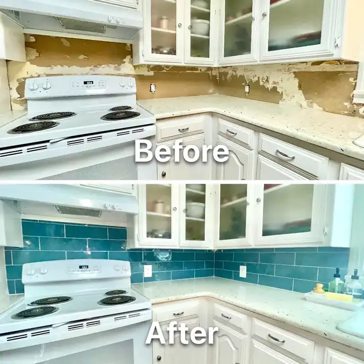 Kitchen backsplash: torn-off tile before, teal glass subway tile after