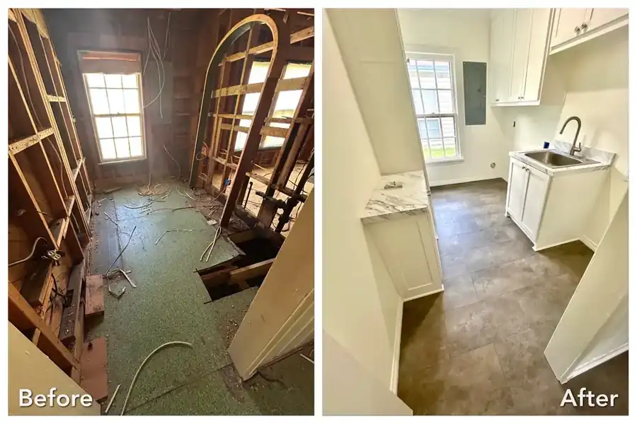 Gutted laundry room with open studs and a rotten subfloor, then finished with vinyl plank, cabinets and a sink