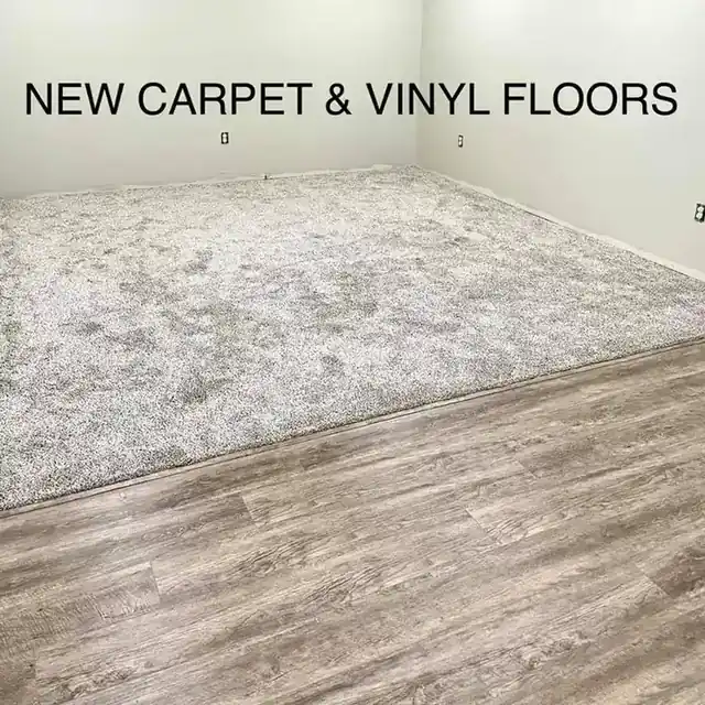 New construction room: new carpet meeting new vinyl plank.